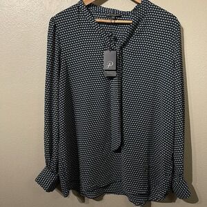 NWT Adrianna Papell Blouse Pull On With Bow Tie Pattern Green Black White Sz XL